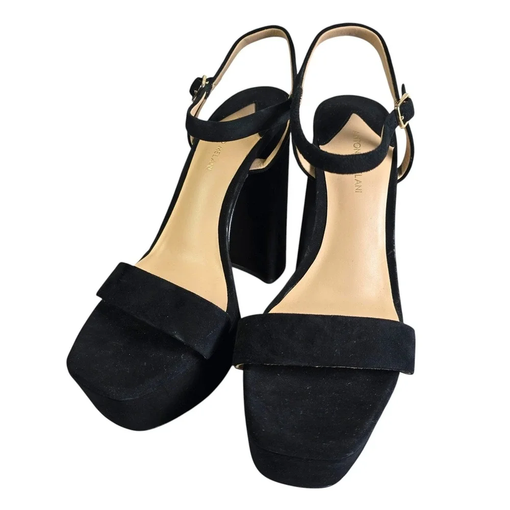 Antonio Melani Black Suede Platform Block Heel Sandals Ankle Strap Women 9.5 NEW